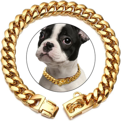 Strong Stainless Steel Dog Collar Choke with Safety Buckle Lock Golden Cuban Link Chain Training Collar for Pets Metal Necklace