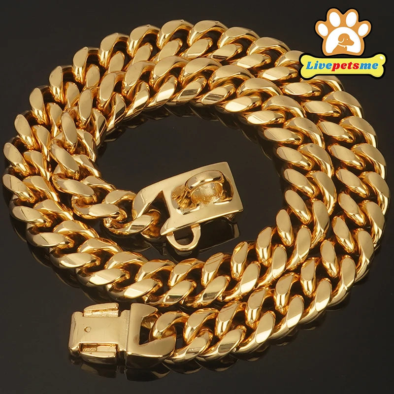 Strong Stainless Steel Dog Collar Choke with Safety Buckle Lock Golden Cuban Link Chain Training Collar for Pets Metal Necklace