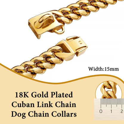 Strong Stainless Steel Dog Collar Choke with Safety Buckle Lock Golden Cuban Link Chain Training Collar for Pets Metal Necklace