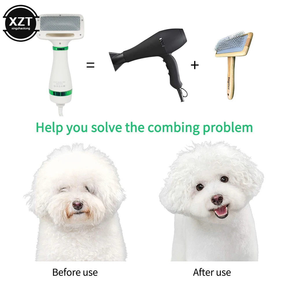 Pet Hair Dryer 2-In-1 Cat Dog Puppy Dryer Grooming and Care Low Noise Adjust Temperature Pet Brush for Long Short Dog Supplies