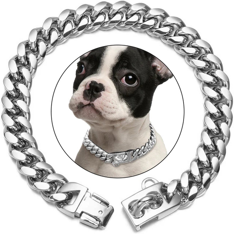 Strong Stainless Steel Dog Collar Choke with Safety Buckle Lock Golden Cuban Link Chain Training Collar for Pets Metal Necklace